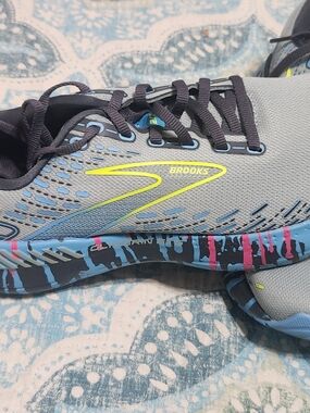 Brooks Running Shoe in Gray with Neon Yellow & Blue Accents